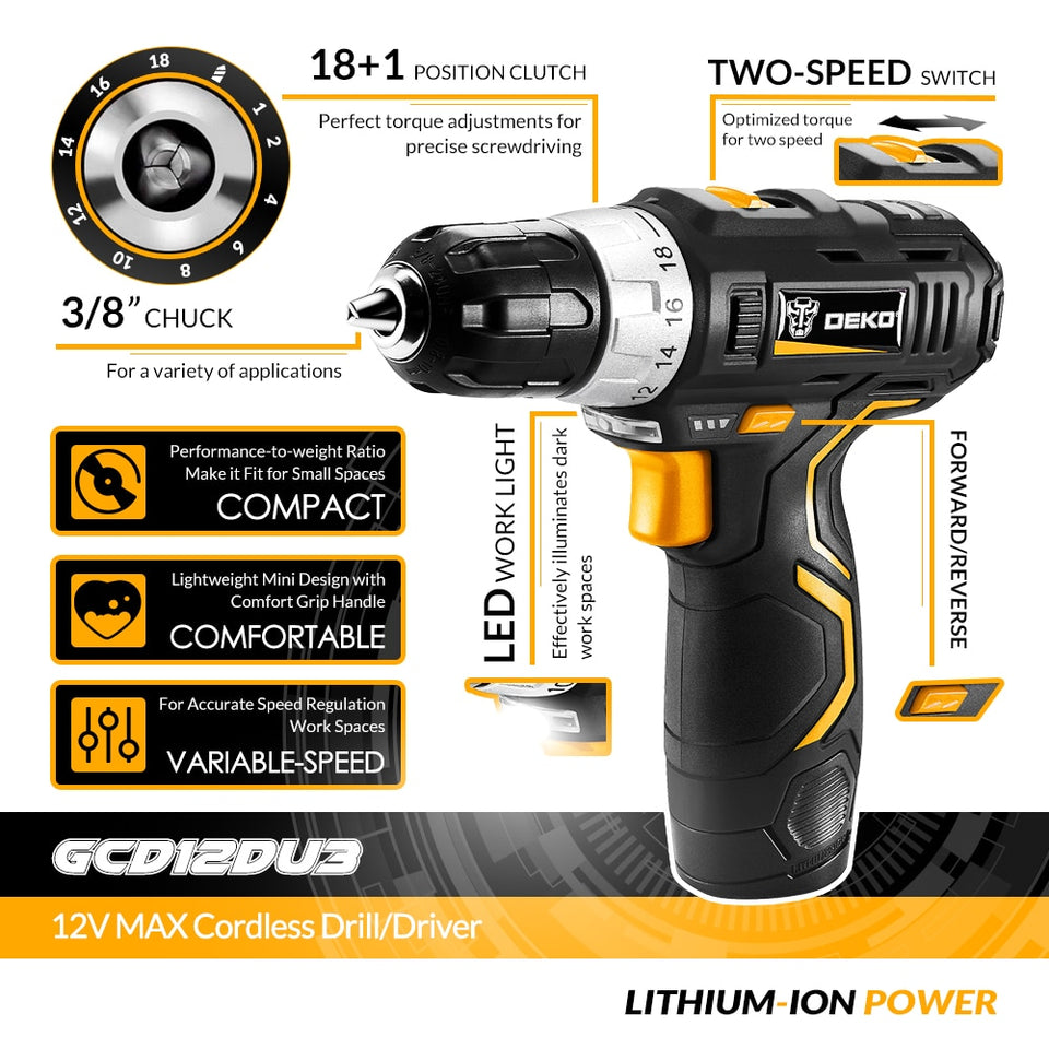 DEKO GCD12DU3 12V Max Electric Screwdriver Cordless Drill Mini Wireless Power Driver DC Lithium-Ion Battery 3/8-Inch 2-Speed