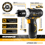 DEKO GCD12DU3 12V Max Electric Screwdriver Cordless Drill Mini Wireless Power Driver DC Lithium-Ion Battery 3/8-Inch 2-Speed