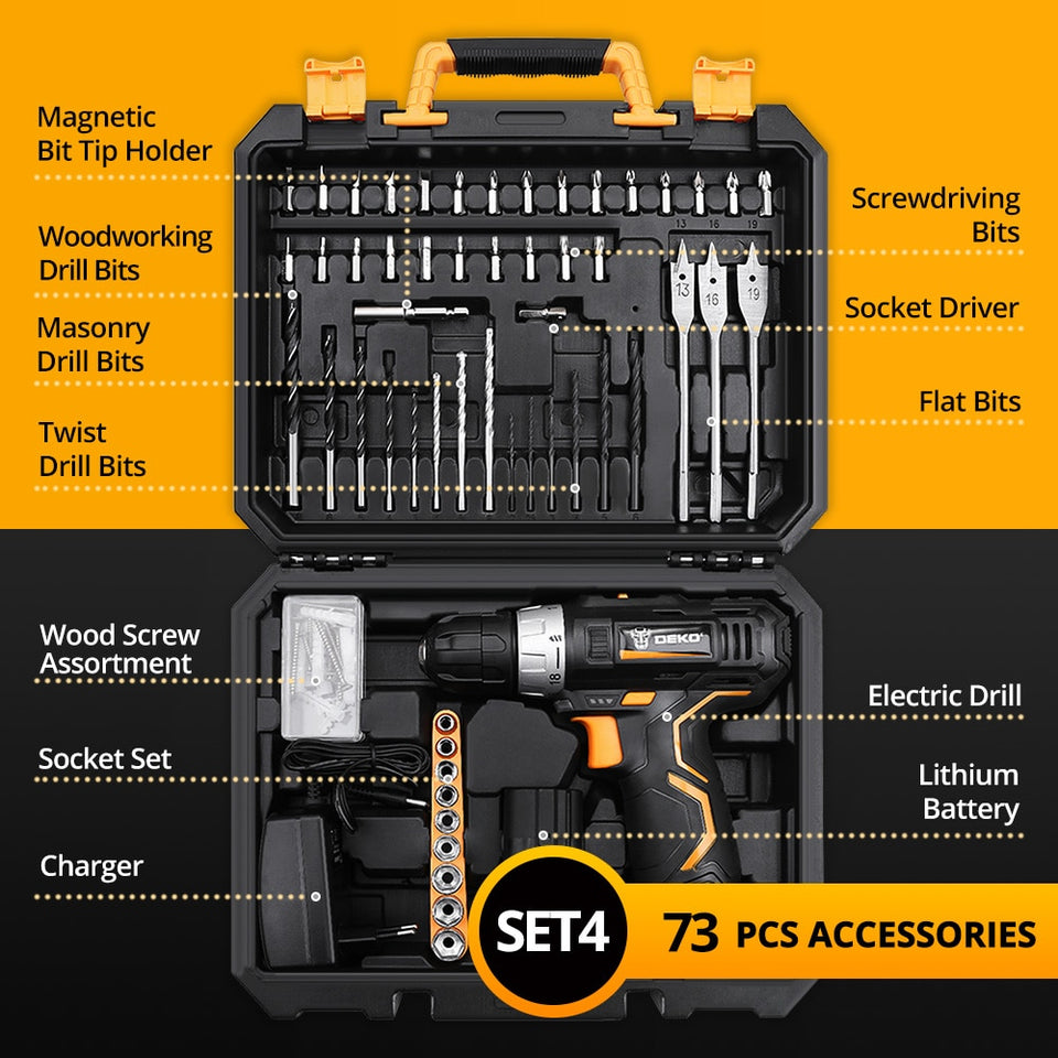 DEKO GCD12DU3 12V Max Electric Screwdriver Cordless Drill Mini Wireless Power Driver DC Lithium-Ion Battery 3/8-Inch 2-Speed