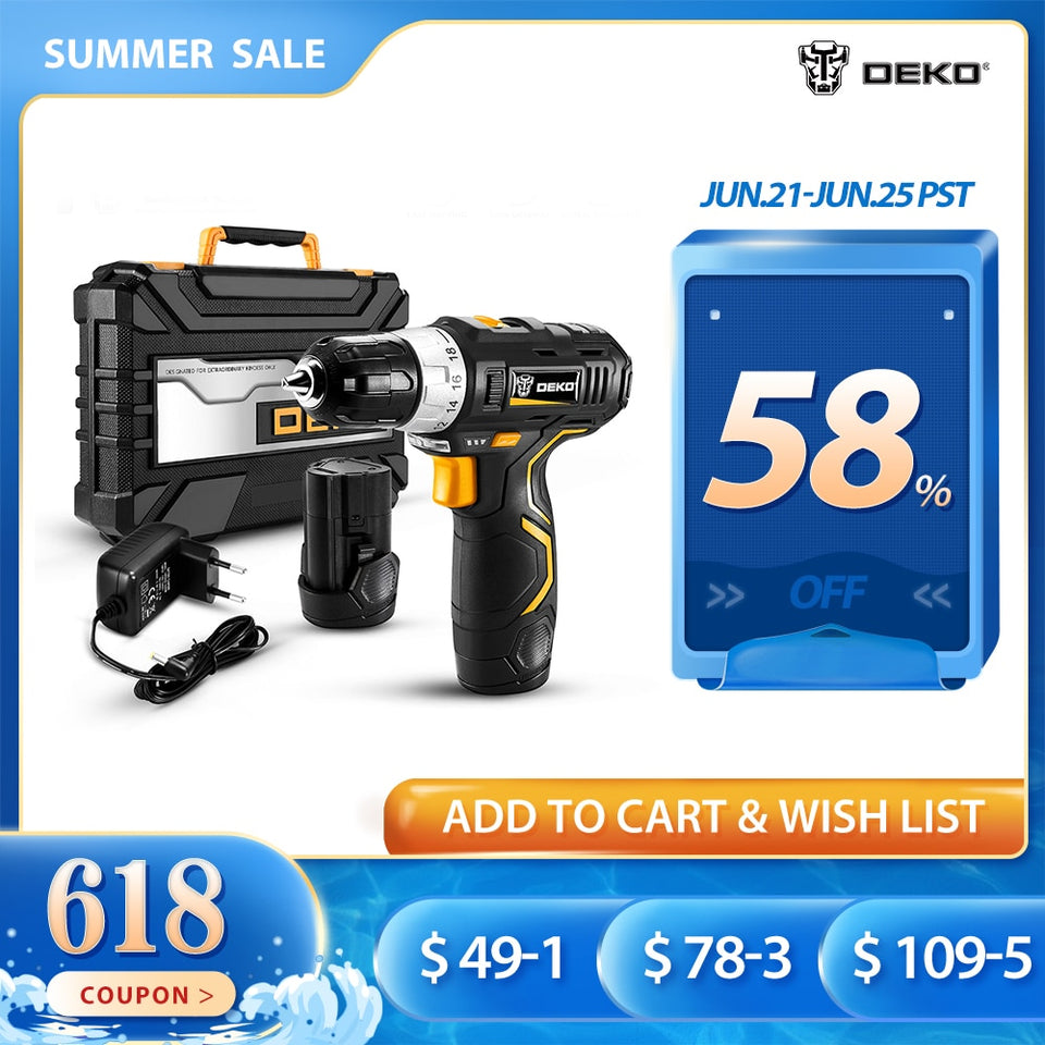 DEKO GCD12DU3 12V Max Electric Screwdriver Cordless Drill Mini Wireless Power Driver DC Lithium-Ion Battery 3/8-Inch 2-Speed