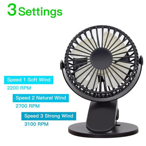 USB Desk Fan Table Mini Clip Portable Cooling with 3 Speed Powered Stroller 360° Rotate Personal Quiet Electric for Home Office