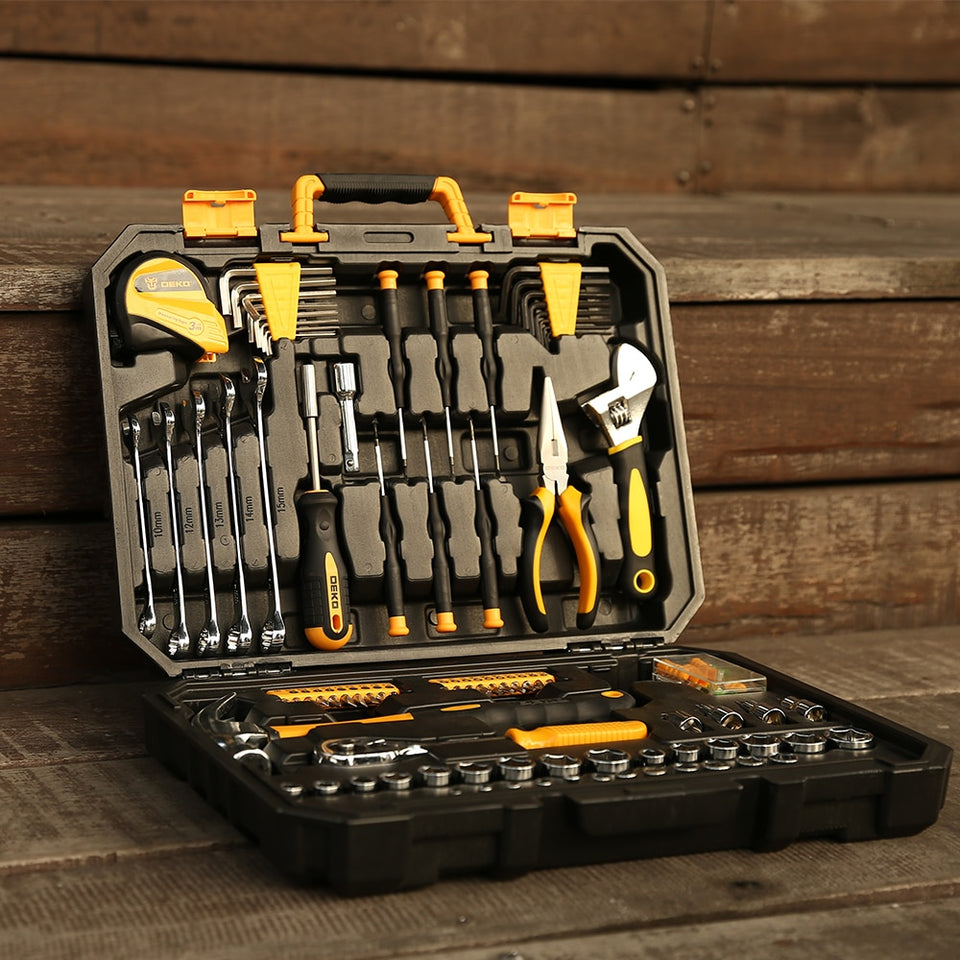 DEKO DKMT Series Hand Tool Set General Household Repair Hand Tool Kit with Plastic Toolbox Storage Case
